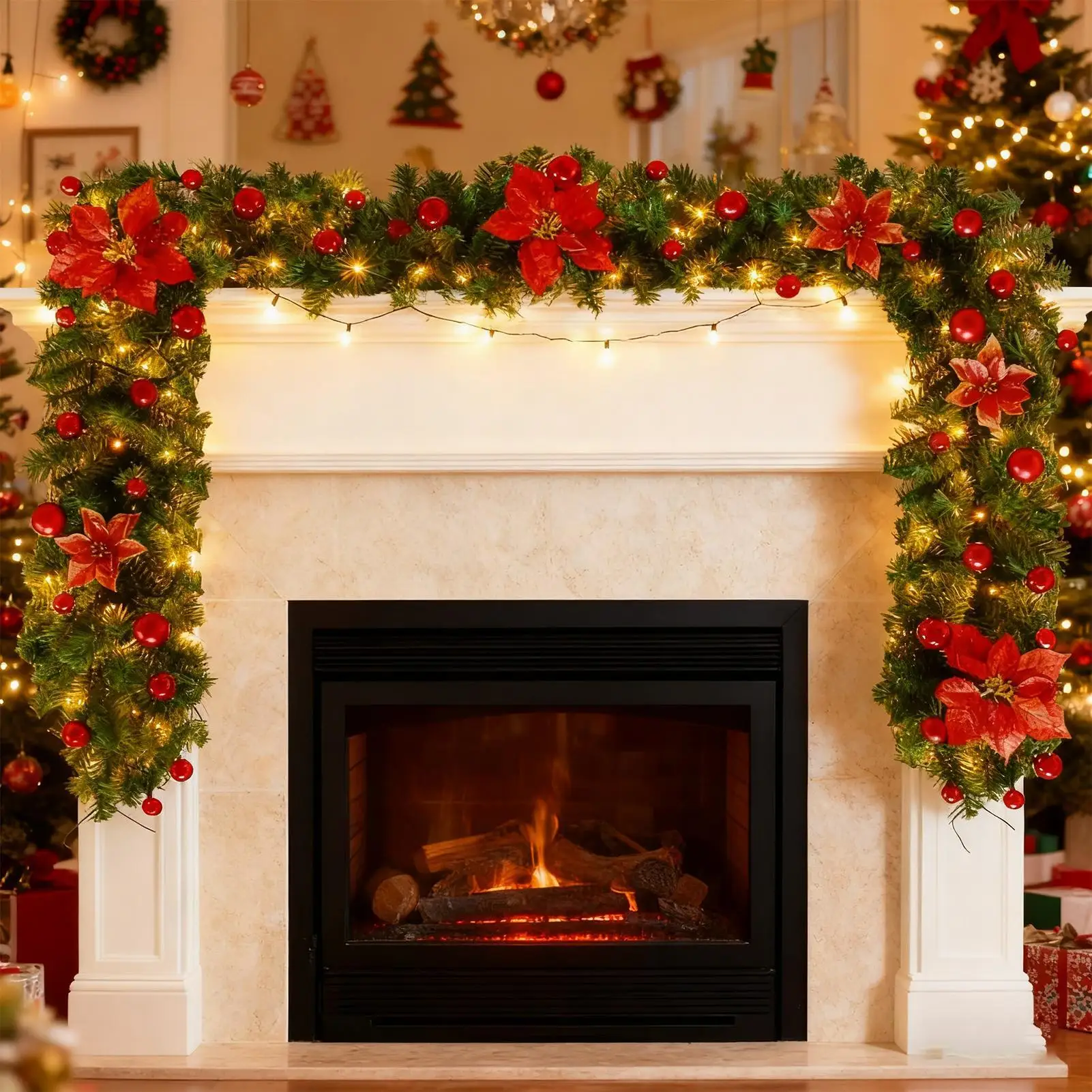 

Венок для входной двери, регулируемое реалистичное украшение, 2,7 м, рождественские искусственные зимние венки для внутреннего и наружного настенного перила