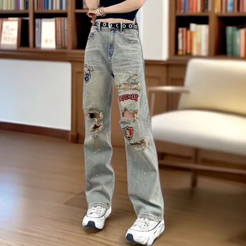 Luxus Marken Hohe Qualität Frau 2025, Sommer Neue Brief Stickerei Zerrissene Jeans frauen Hohe Taille Dünne Design Gerade Hosen