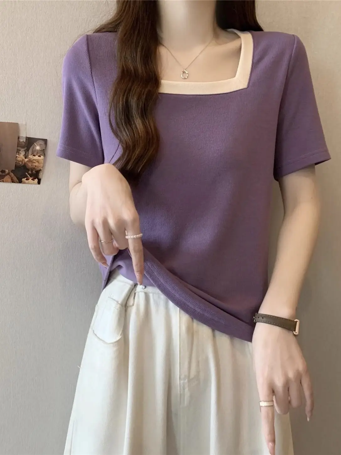 Slimming Effect plus Size Women's T-Shirt Shoulder Width Appropriate Short Sleeve Square Collar Color Block Loose Fit Top