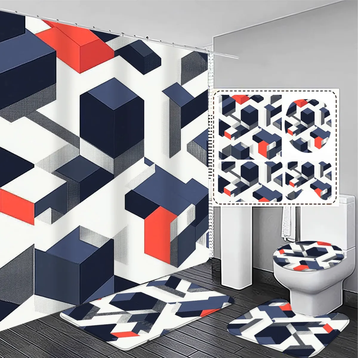 4pcs Contemporary Art-Inspired Geometric Shower Curtain and Bath Mat Set - High Quality, Non-Slip, and Highly Absorbent