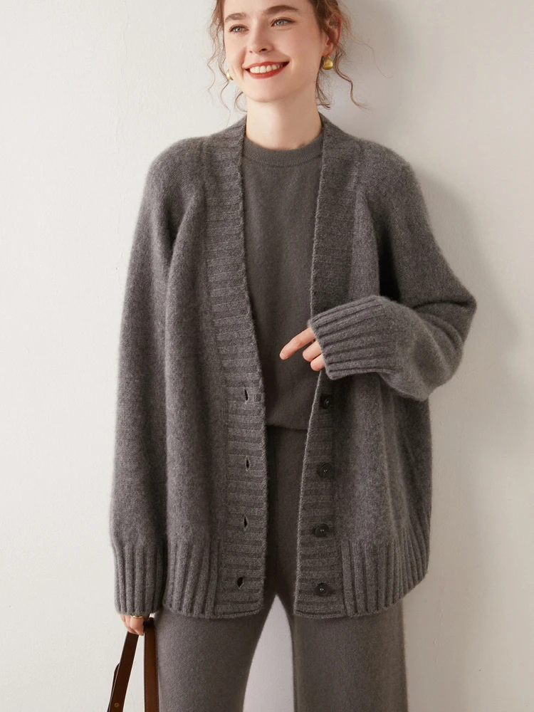 New Chic Women 100% Cashmere Sweater V-neck Cardigan Casual Simple Style Cashmere Knitted Coat Autumn Winter Thick Warm Clothing