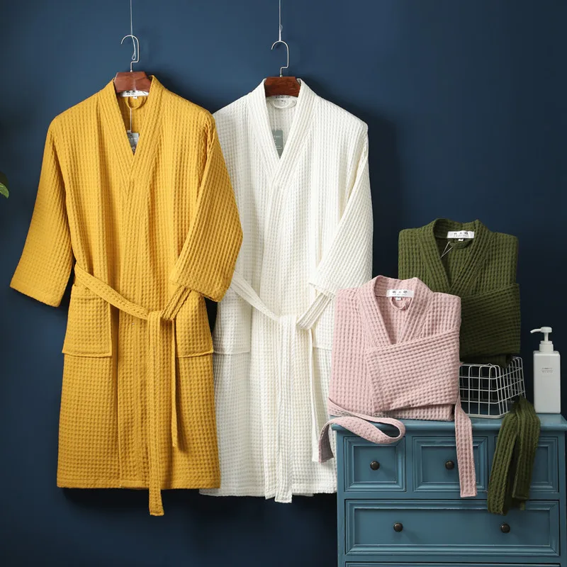 Summer thin 100% cotton waffle robes women long kimono Hotel Simple bathrobes pure color SPA robes Plus size 00223