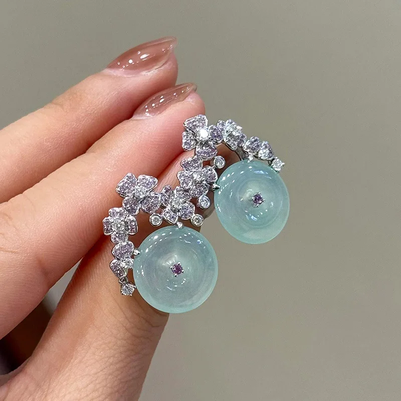 925 silver inlaid full diamond flowers natural ice chalcedony round green earrings for women high-end fashion party jewelry gift