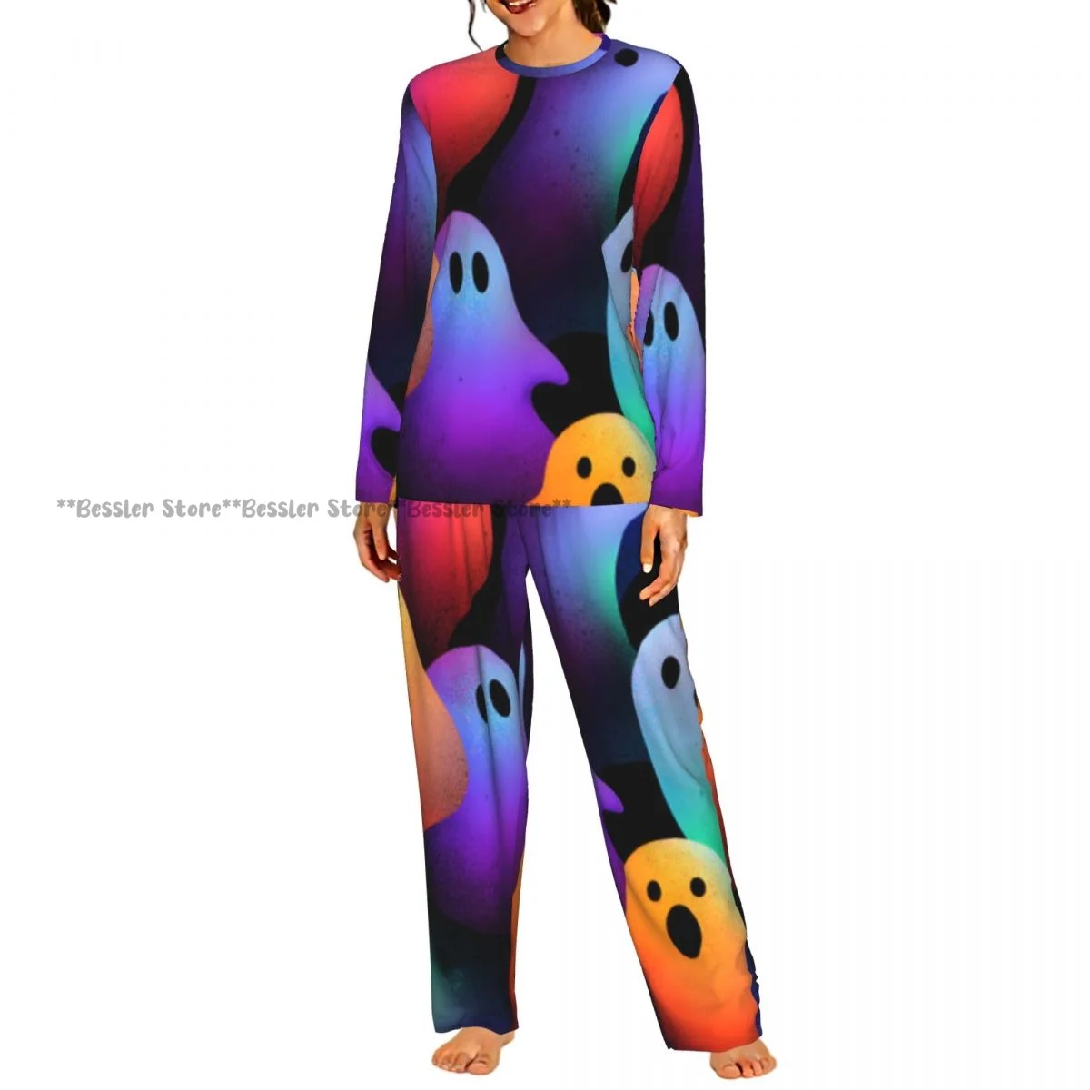 Ladies Soft Pajamas Set Abstract Colorful Ghost Round Neck Long Sleeve Long Pants Casual Loose Homewear