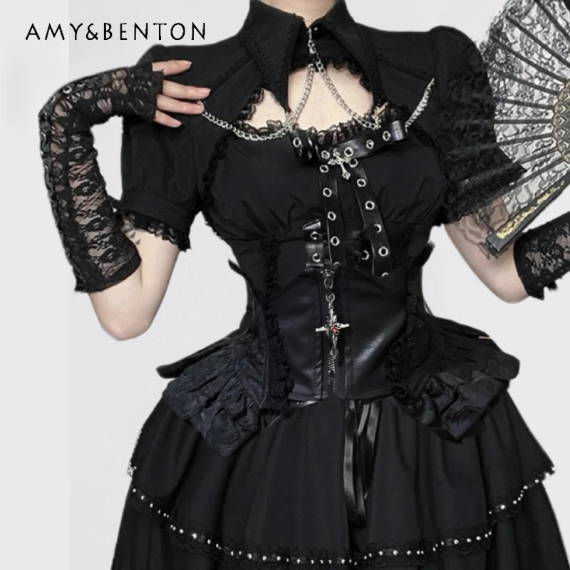 

Gothic Dark Hot Girl Punk Sweet Cool Leather Buckle Women's Sling Dress New High Waist Slimming Sexy Rivet Dresses Set Ladies