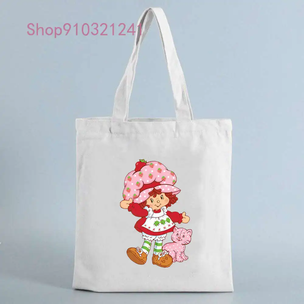 Shopping Bag Anime Strawberry Girl Print Handbag Cotton Manga Tote Bags Reusable Grocery Women Classic Vintage Shoulder Bag