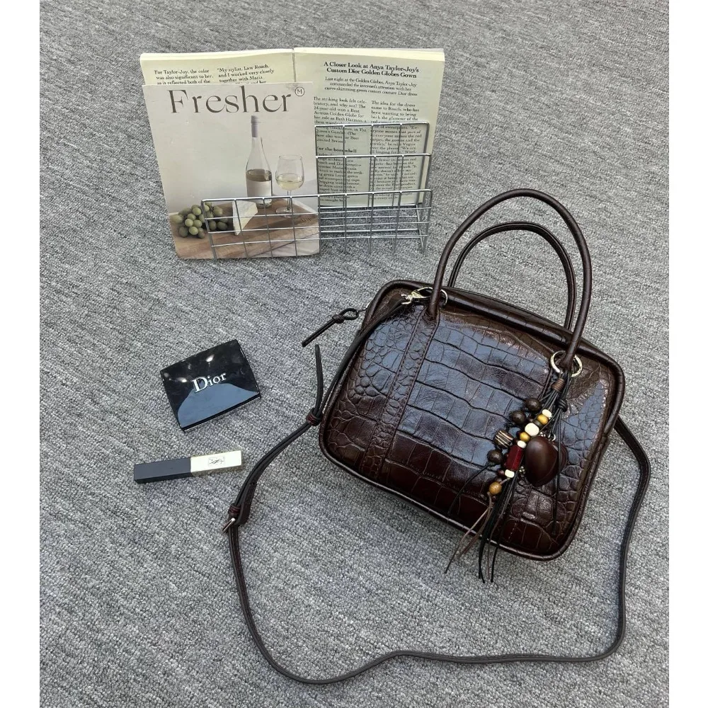 First Layer Calfskin Crocodile Pattern Mini Feather Portable Shoulder Fashionable Simple  Versatile Bag Unique Texture