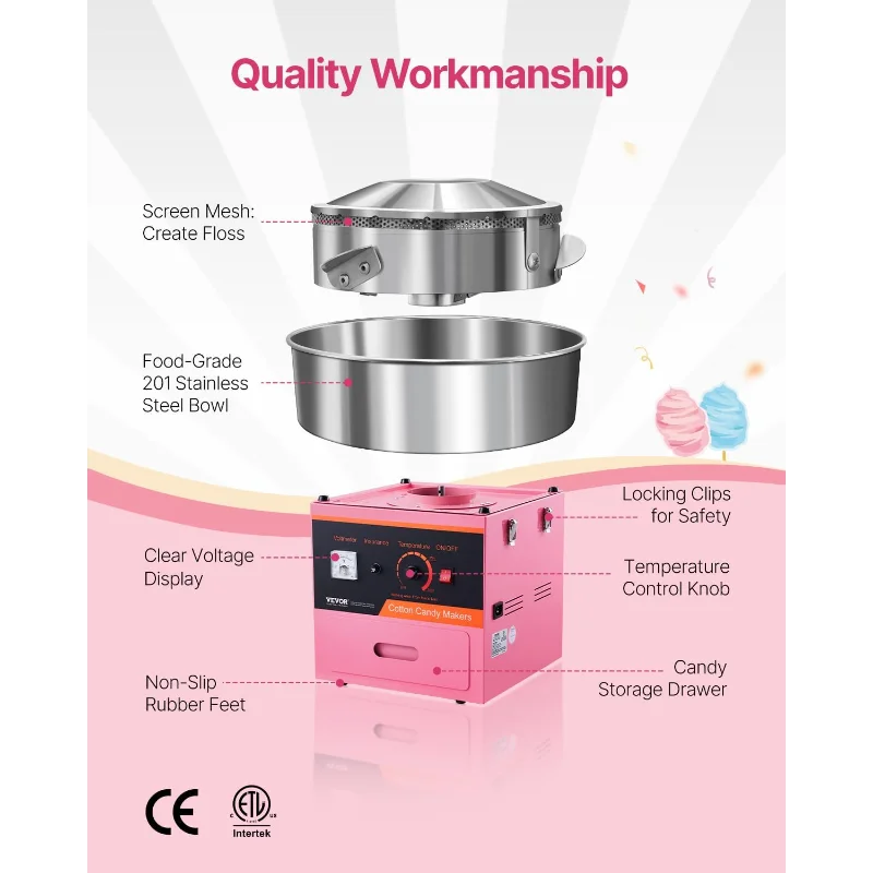 VEVOR Macchina elettrica per zucchero filato, filo interdentale commerciale da 1000 W con ciotola in acciaio inossidabile, paletta per zucchero e cassetto, perfetta