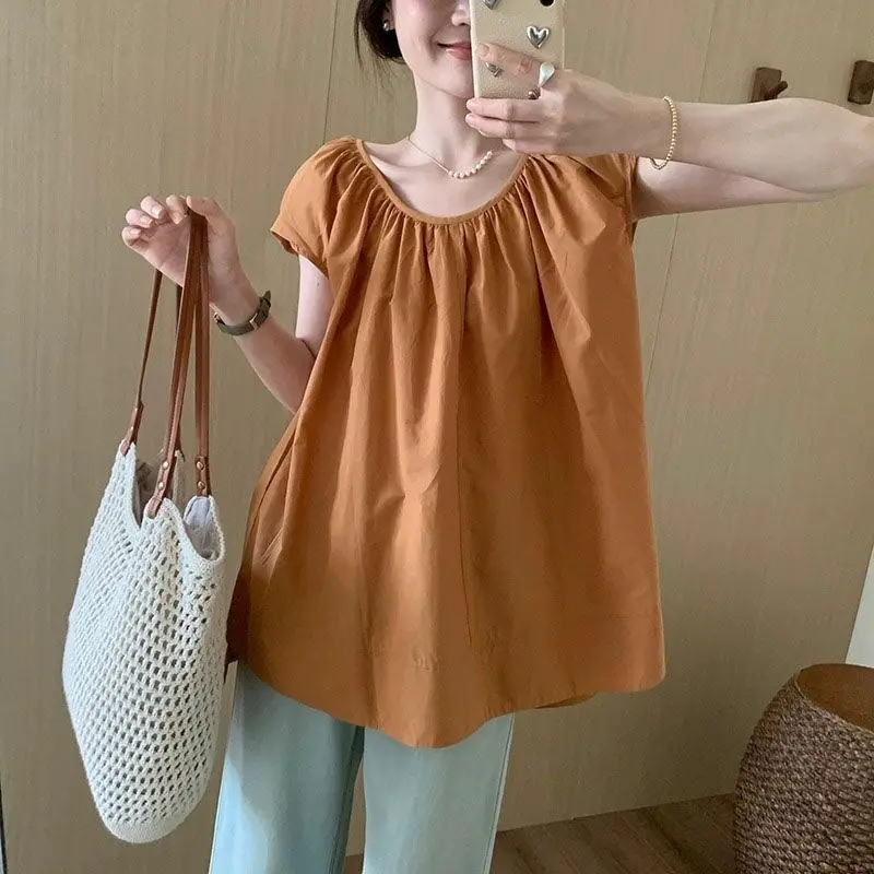 French Style Short Sleeve Shirts Female Clothing Casual Loose Round Neck Summer New Basic Solid Color Fashionable Folds Blouse