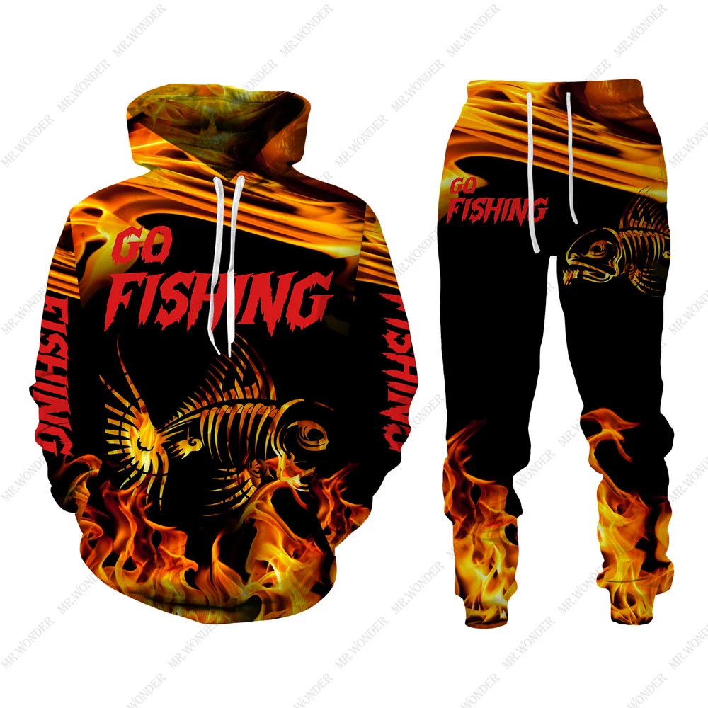 Go Fishing 3D Print Men\'s Tracksuit Sets Casual Hoodie + Pants 2pcs Sets Animal Fish Hunting Camo Hoodie Sets Trend Men Clothing