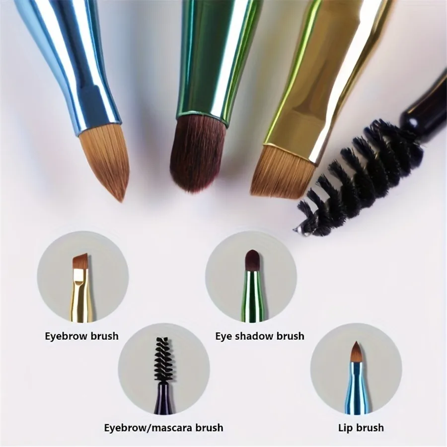 مجموعة فرش مكياج محمولة 4 في 1، فرش للحواجب والشفاه بمقبض معدني مع أدوات تطبيق الرموش وظلال العيون، مناسبة للسفر