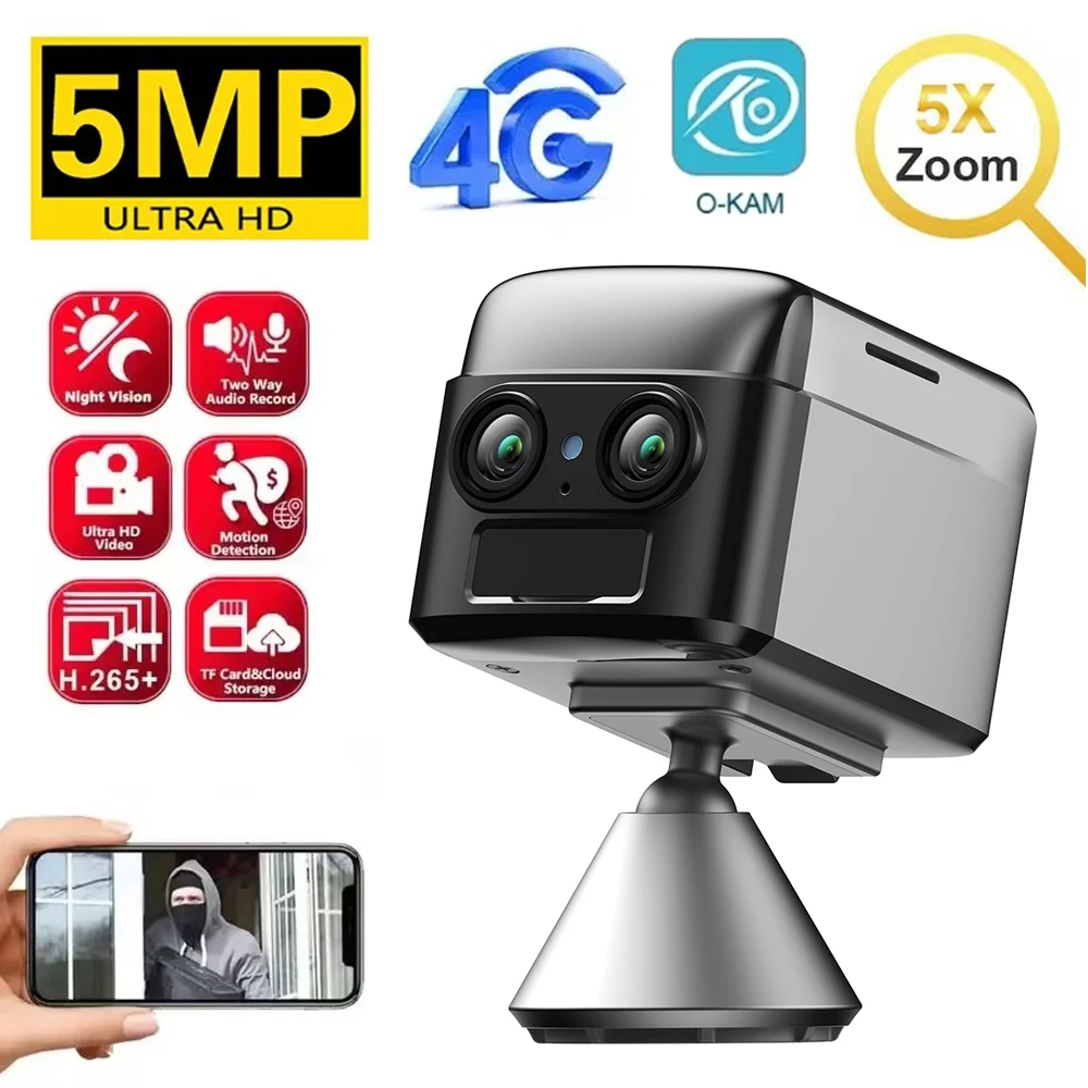 

WiFi or 4G SIM Mini 4K Dual-Lens Camera 5X Zoom Motion Detection Night Vision 4000mAh Big Battery Two-Way Intercom Surveillance