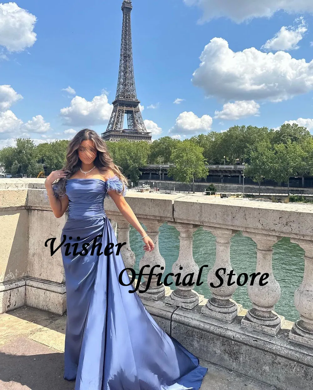 Viisher Blue Mermaid Evening Dresses Feather Off Shoulder Pleats Satin Long Formal Prom Dress with Train Arabic Evening Gowns