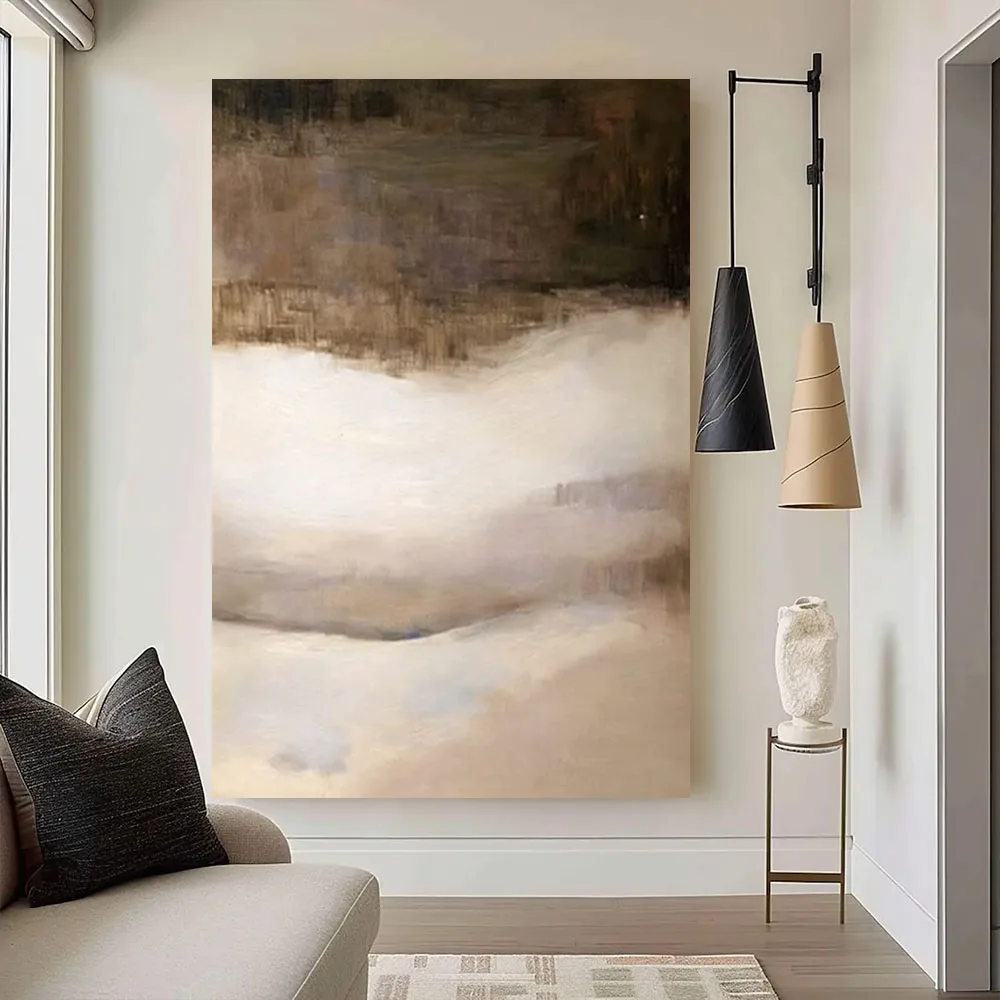 손으로 그린 ​​유화 현대 추상 풍경 가을 호수 뷰 황금 낙엽 캔버스 회화 거실 벽 예술