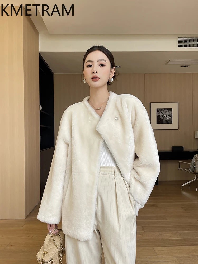 100% 천연 메리노 울 양가죽 양면 모피 재킷 여성 루즈핏 리얼 퍼 코트 여성 겨울 의류 2025 여성용 모피 코트