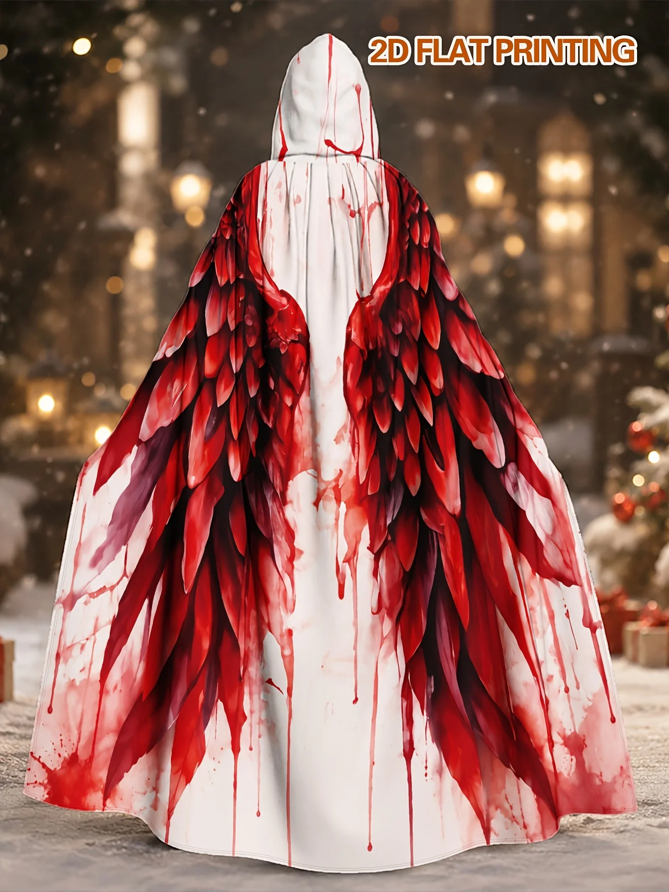 Customization 1pc Unique Crimson Feathered Wings Print Hooded Cape For Adults, Polyester Fabric, Ideal For Halloween Scary Costu