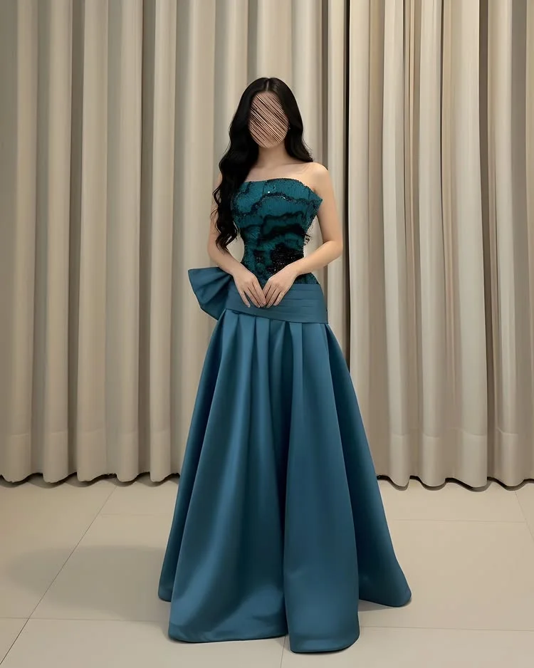 Evening Luxury Party Dresses Dubai Vintage Shiny Beadings Formal Occasion Prom Gowns Satin Strapless A-Line Customized أطقم