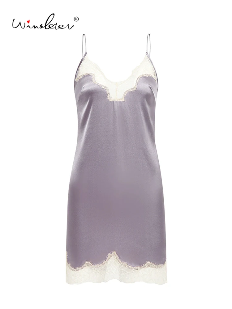 

Winsleter-Women 93%Silk 7%Spandex Elegant Nightgown, Sexy Deep V Neck, Hot Lace Suspender Strap Pajamas Dress, Summer P57901CC