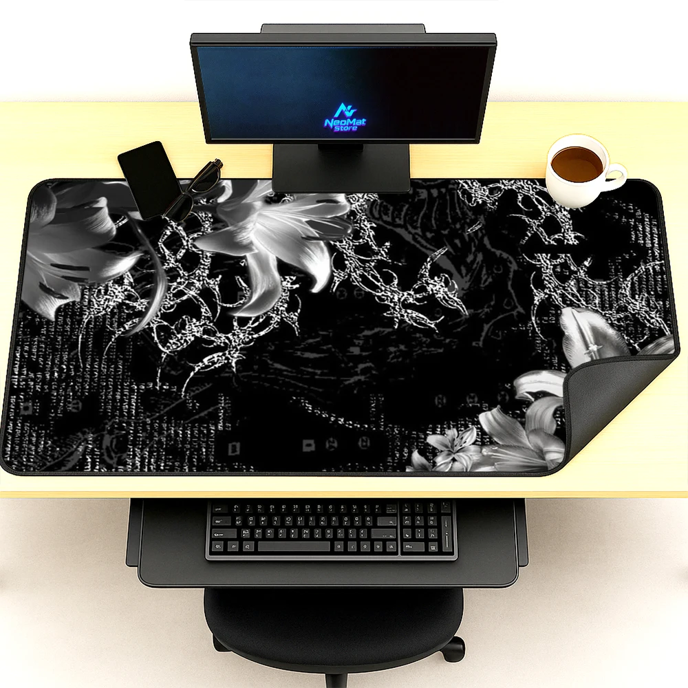 Monochrome Floral Mouse Pad Desk Mat Gaming XXXL 140x60 Pattern Circuit Black White Mousepad Aesthetic Lily Setup