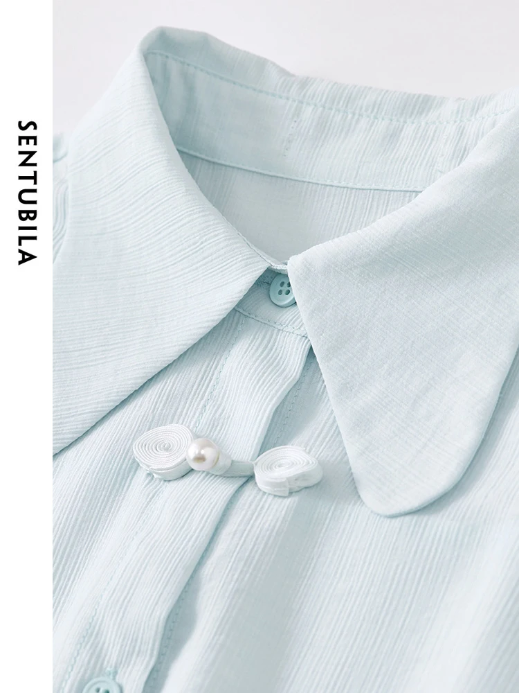SENTUBILA Blue Short Sleeve Shirt Women Polyester Blend 2025 New Summer Office Casual Wear Turn-Down Collar Blouse W42C54869