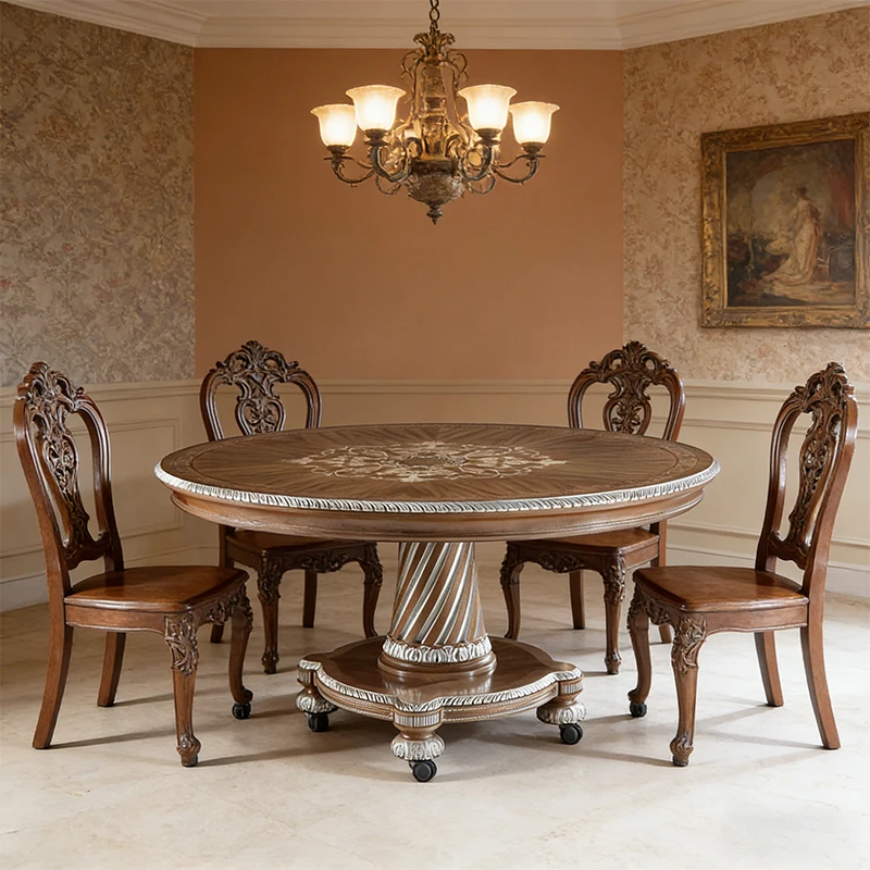 !@Factory Manufacturer 4-6 Person Antique French Solid Wood Round Dining Table Set for Home Hotel & Villa Use