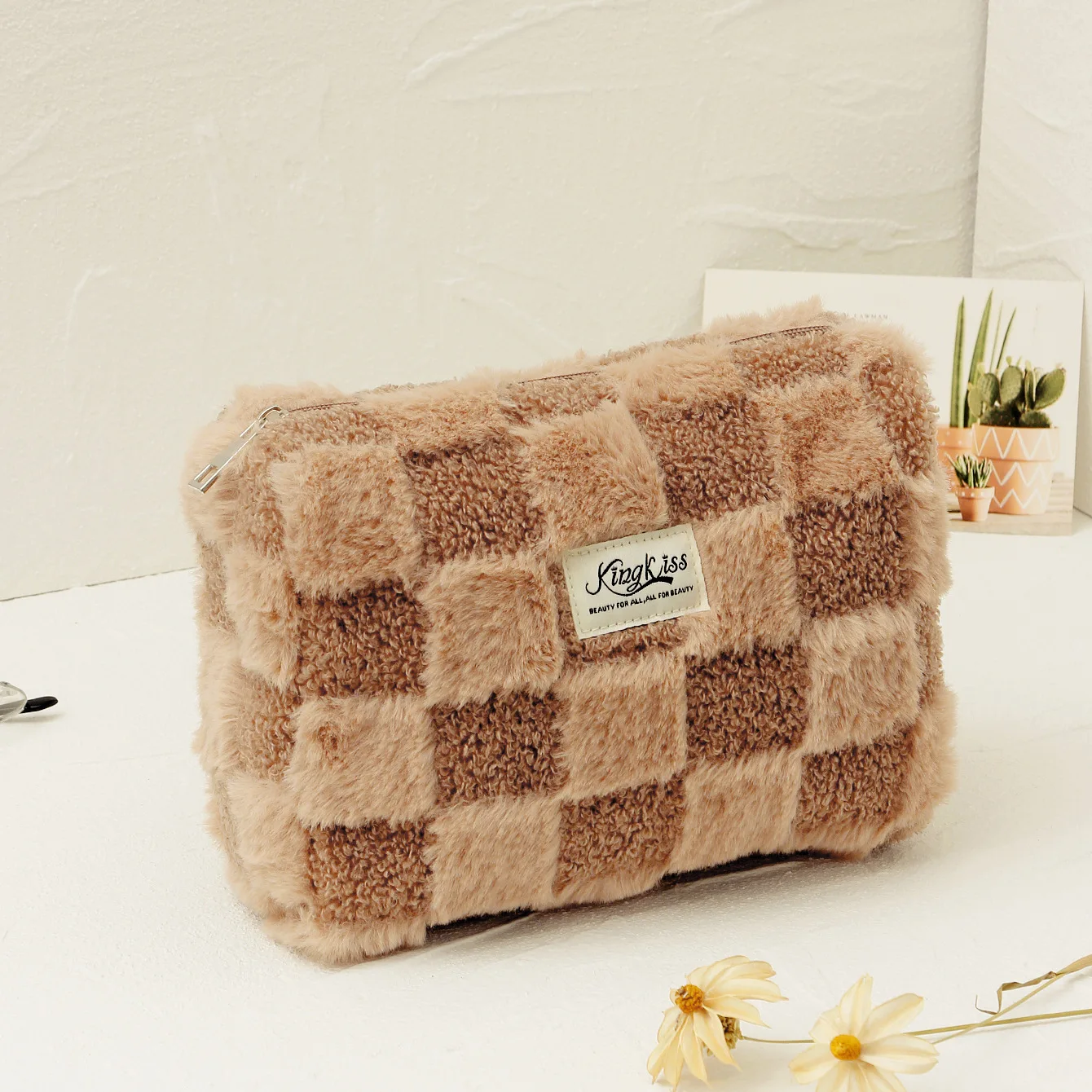 Borse cosmetiche in peluche per le donne borsa per il trucco borsa da viaggio di grande capacità borsa da toilette con cerniera custodia per