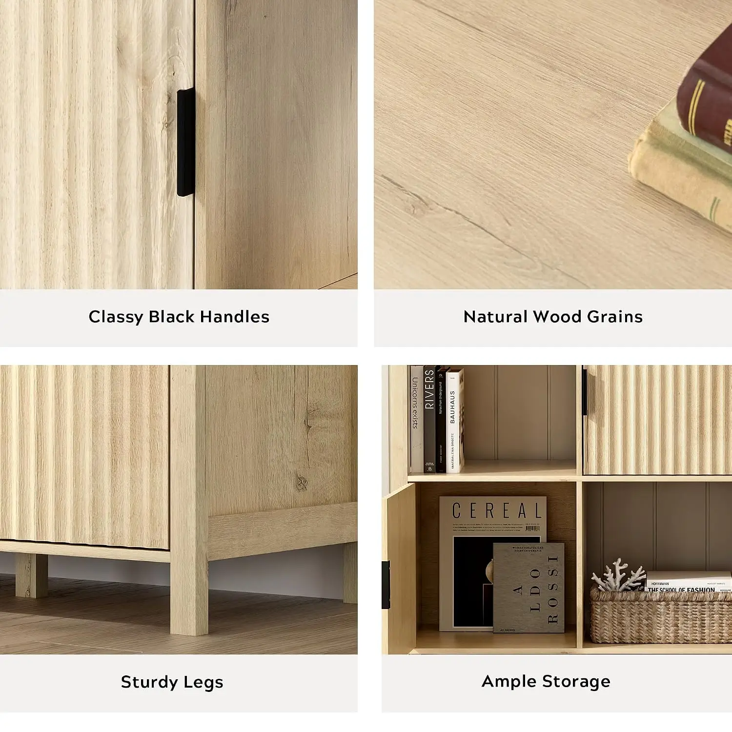 Fluted Cube Storage Bookshelf with 3 Open Shelves & 3 Door Cabinets for Bedroom Living Room Office, Light Oak, Customized