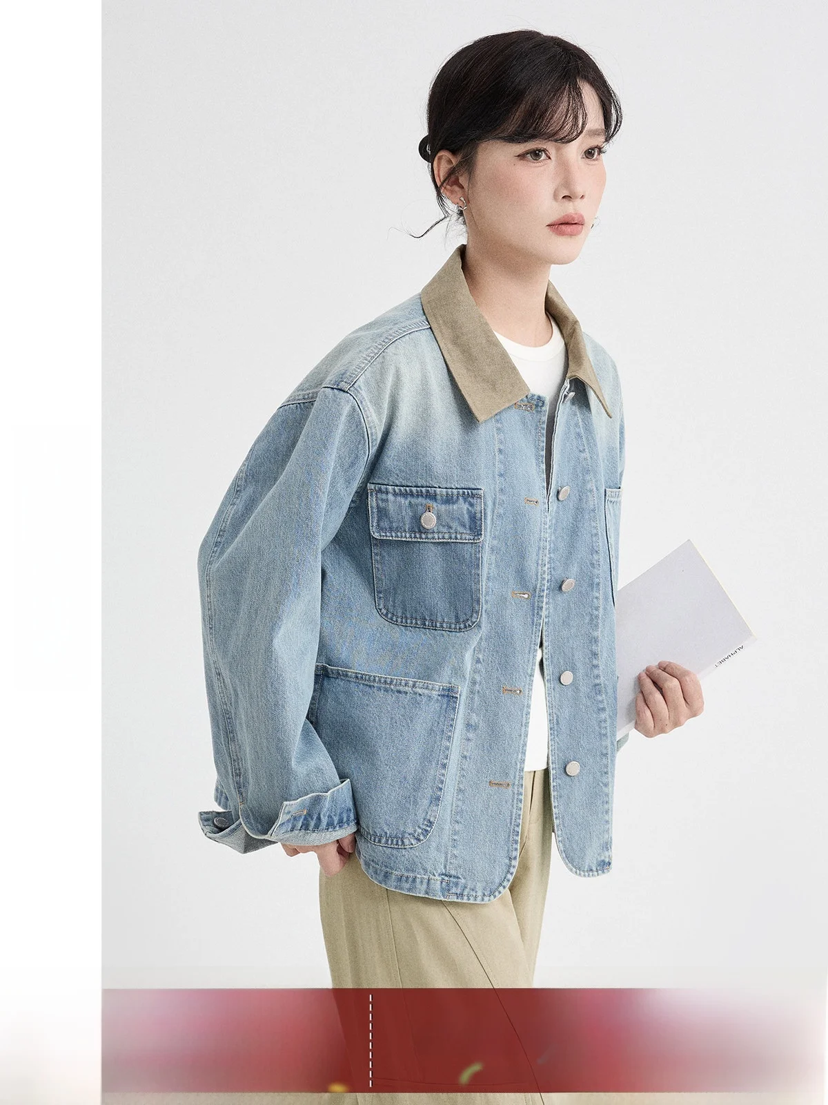

Guier Women's Denim Jacket Collar Stand up Casual Washed Retro Color Block Long Sleeve Spring New Style Loose Fit Button Closure