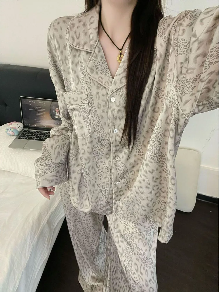 

Elegant Leopard Print Ice Silk Sleepwear Long Sleeve Women's Style Home Clothes Set Spring Autumn Korean Sweet Style Wearable...