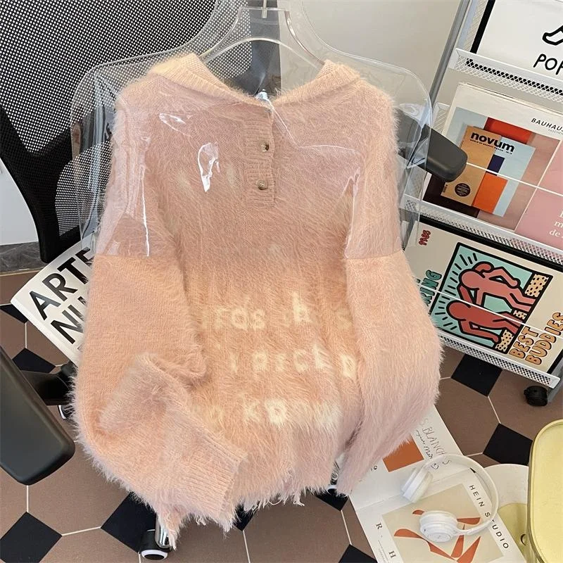 National Fashion American Letters Print Hood Sweater Male Couple Lazy Destruction Design Knitted Top Mink Velvet Outerwear