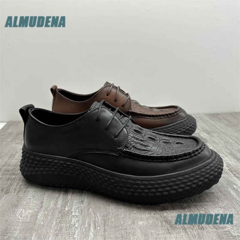 Men's Vintage Crocodile Embossed Leather Casual Shoes Lace-Up Thick Textured Platform Sole Males Shoes Autumn Men's Shoes