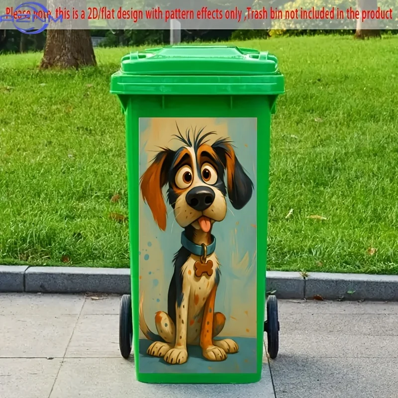 A 2D Flat Sticker for a Trash Can, Measuring X es. It Features an Adorable Tri-Colored Puppy Adorned with a Blue Collar And a