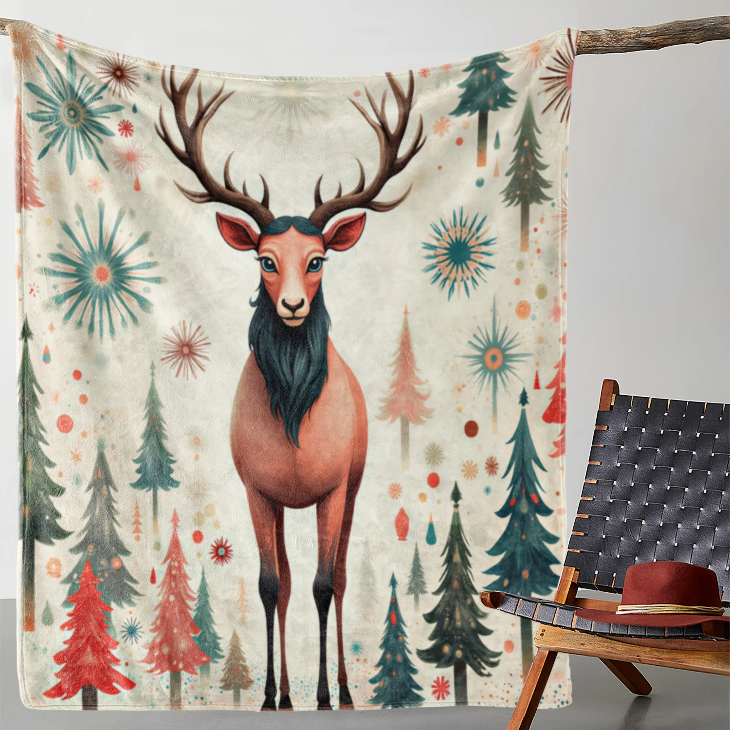 

Рождественское фланелевое одеяло Sdoo — мягкий теплый дизайн с изображением оленя и сосны с красным/зеленым/синим принтом снежинок, всесезонное уютное одеяло
