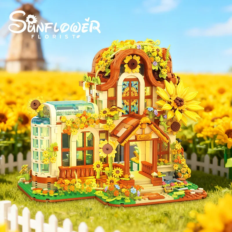 

Sunflower Greenhouse Style Street View Building Bricks JJ9204 DIY Assembly Architectural Toy Decoration