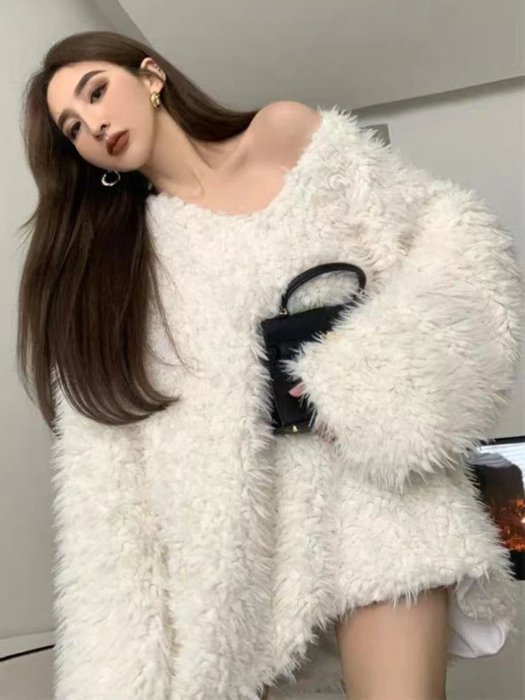 

Autumn Faux Lambswool V Neck Sweater for Women Winter Oversized Lazy Style Casual Pullover Y2K Loose Solid Long Sleeve Jumper