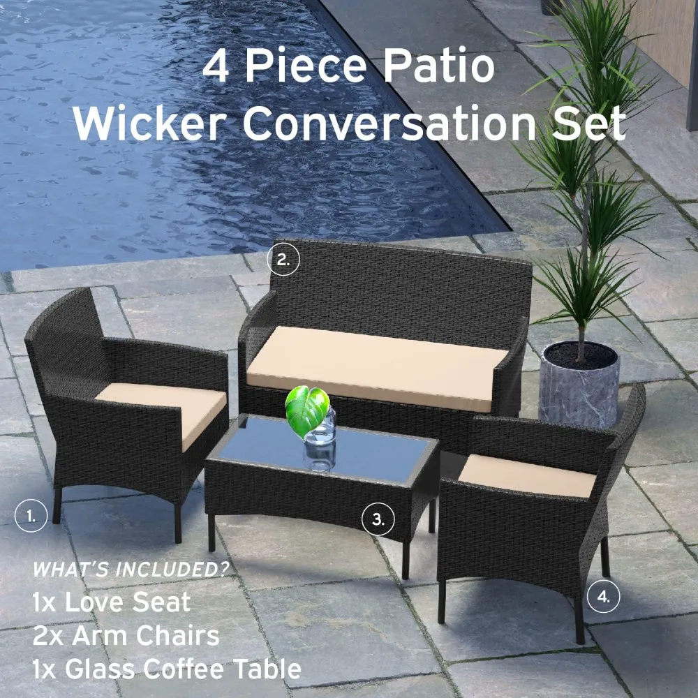 Outdoor Patio Furniture Sofas, Standard, Black Base/Beige Cushions