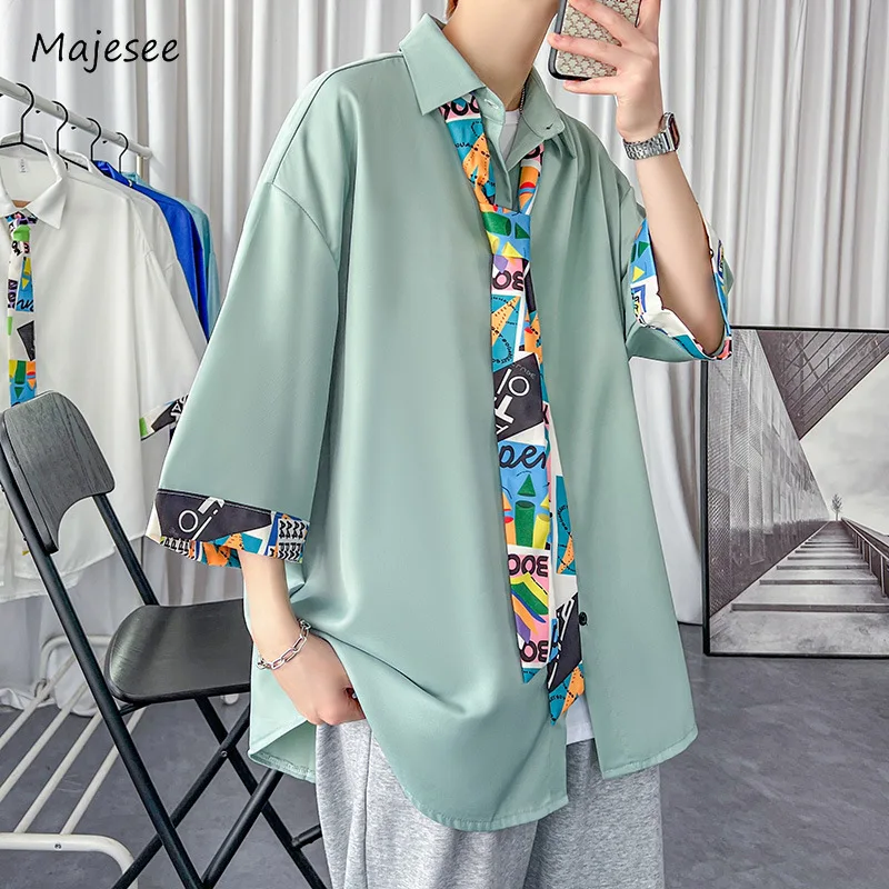 

Spliced Shirts Men Baggy Cozy Summer Three Quarter Sleeve Advanced Japanese Style Handsome Holiday Slouchy Normcore Aesthetic