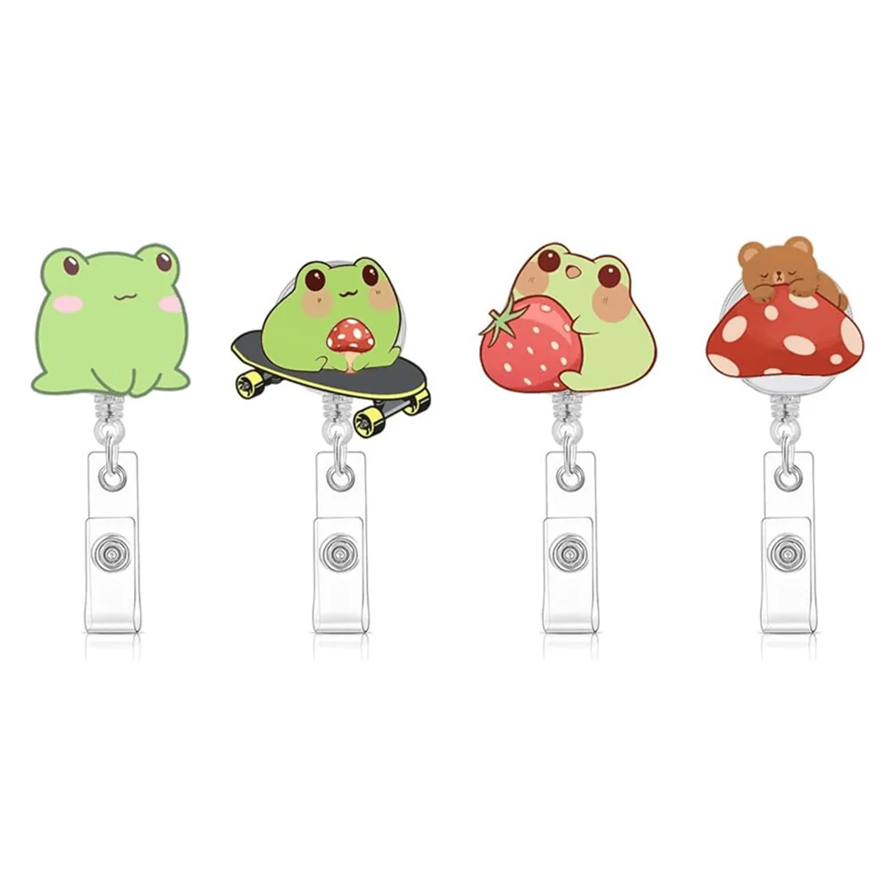 

Frog & Mushroom Badge Reel. Cute retractable ID clip for nurses, doctors & office workers.