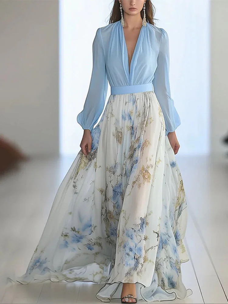 

Chic High Waisted Printed Hem Chiffon Long Dresses Women Elegant V Neck Long Sleeves A Line Robes Fashion Lady Night Party Gowns