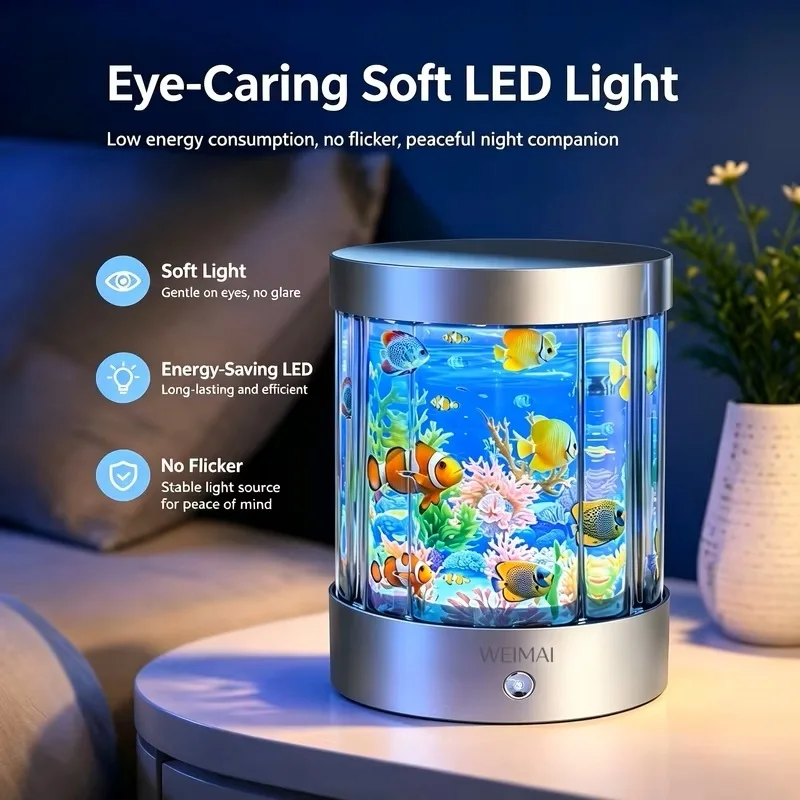 LED Fish Tank Light, Simulated Ocean Night Light, 360° Rotating Projector Light, USB-Powered, Bedroom Decorative Table Lamp, Gif