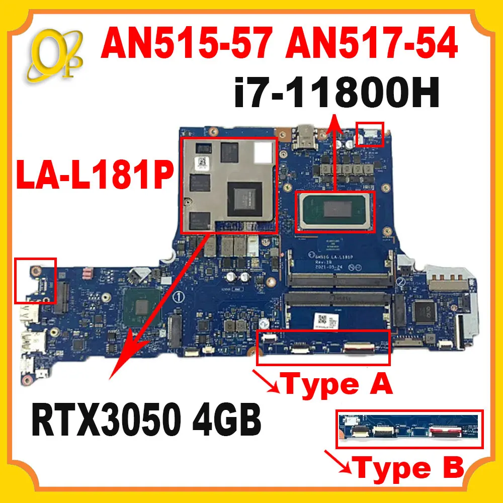 

NBQBU11006 для Acer Nitro 5 AN515-57 AN517-54 Материнская плата для ноутбука GH51G LA-L181P Материнская плата с процессором i7-11800H RTX3050 4 ГБ графического процессора