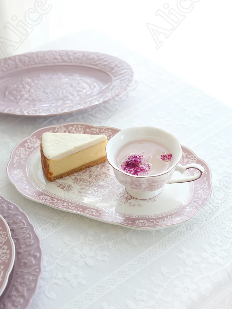 French Purple Neverland Ceramic Plates and Bowls Vintage Relief Pasta Dinner Plates Rice Bowl Serving Tray Nordic Home Tableware