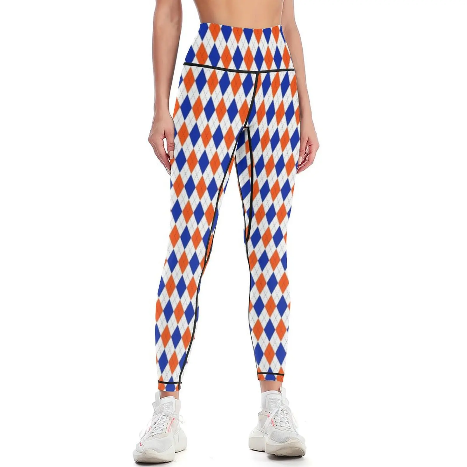 Orange and Blue Traditional Argyle All Over Print Leggings Women's fitness gym's clothing Womens Leggings