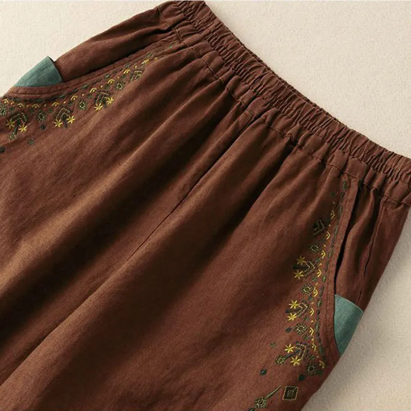 Borduren Linnen Effen Casual Elastisch Hoge Taille Losse Wijde Pijpen Damesbroek Enkellange Broek Voor Dameskleding 2026 Lente