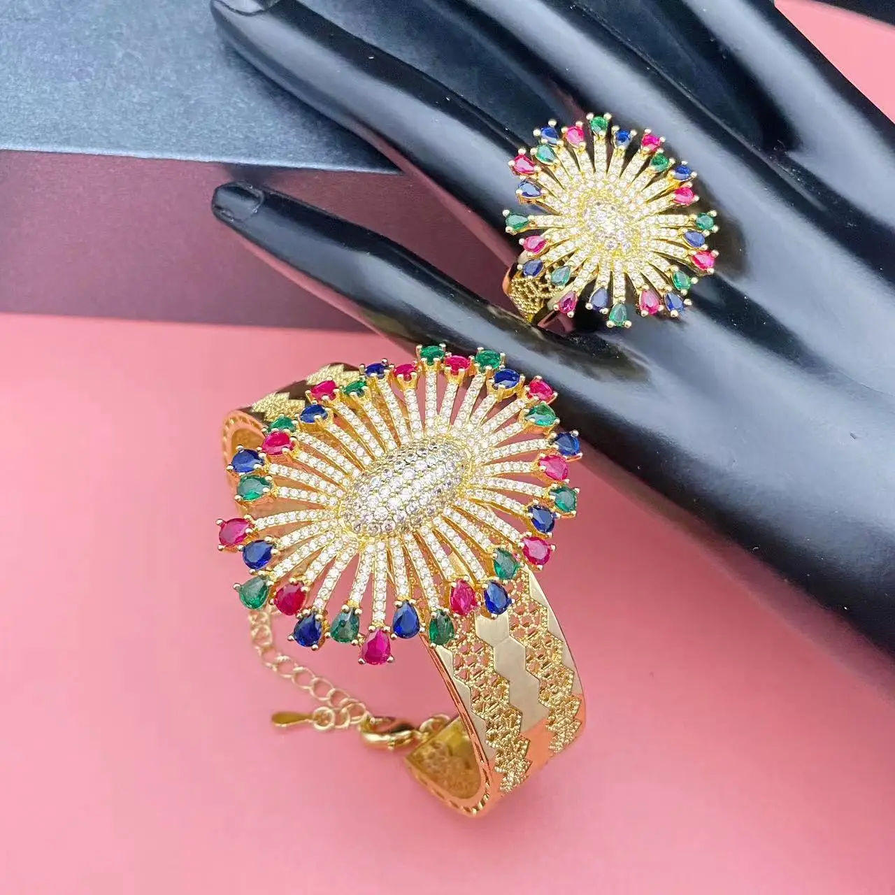 

JRH Fashion Elegant Zircon Bracelet And Ring Set for Women Indian African Dubai Bridal Party Wedding Jewelry