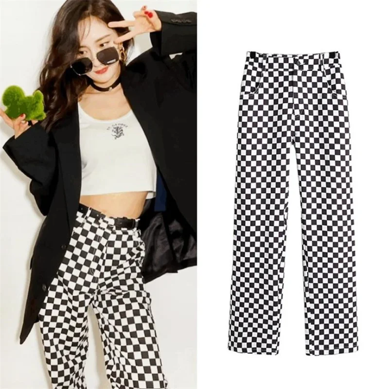 

Checkerboard black white plaid casual pants women's high waist plaid straight sports trousers