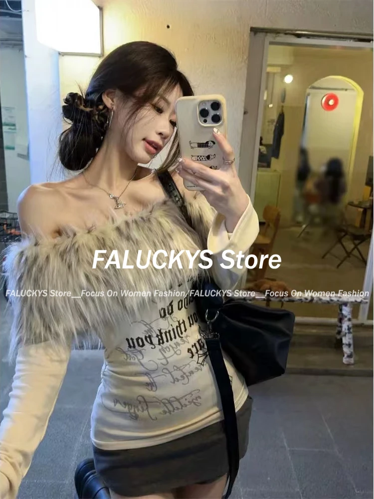 Autumn Winter Korean Fashion Coquette Slash Neck T-Shirt Women Hot Girl Tee Tops Design 2000s Aesthetic Vintage Old Money Y2k