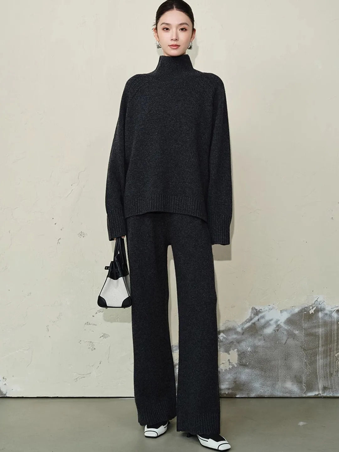 

Autumn and winter lazy cashmere suit women's semi-high stand-up collar loose sweater two-piece thick knitted wide-leg pants