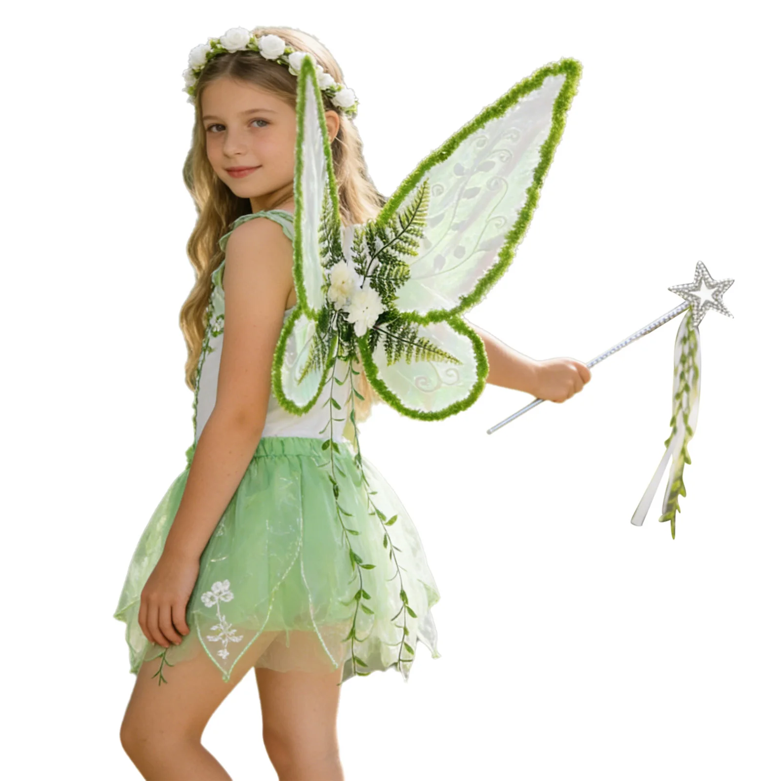 어린이 소녀용 탄력 있는 반짝이 나비 모양 요정 날개, 가랜드와 요정 지팡이 포함, 할로윈 코스프레용