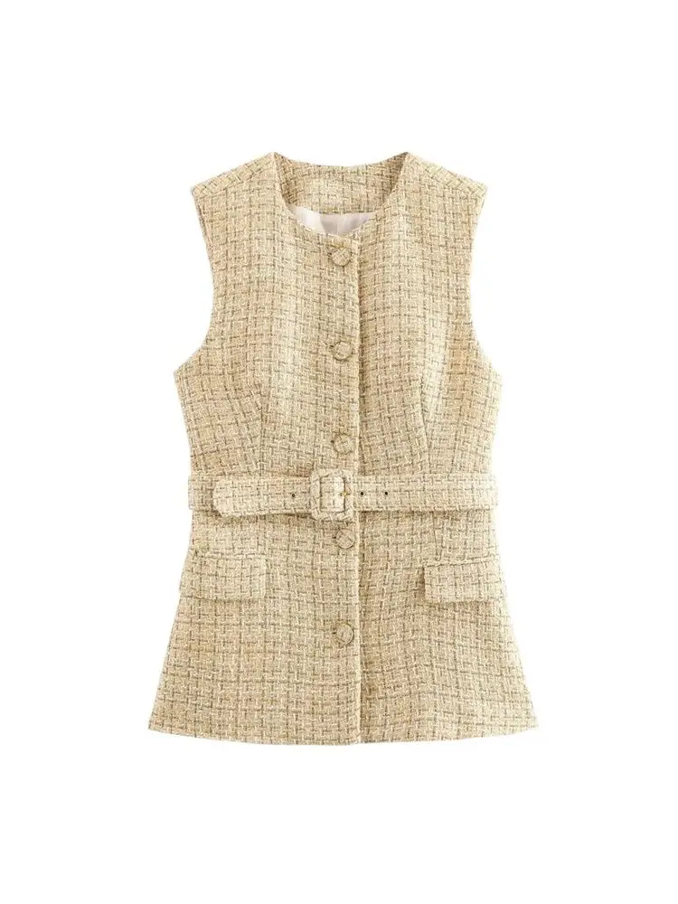 

GELITAYIN TRZA-Women's Tweed Waistcoat With Belt, O Neck, Sleeveless, Front Button, Female Outerwear, Chic Tops, Fashion